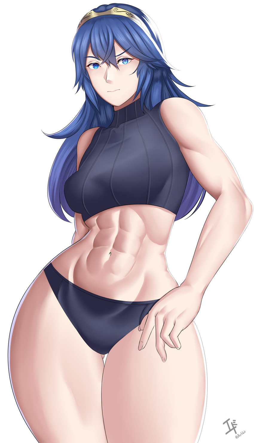 1girls abs arcedo blue_eyes blue_hair fire_emblem fire_emblem_awakening lucina_(fire_emblem) medium_breasts muscles navel nintendo pose princess symbol-shaped_pupils thick_thighs tiara toned_female workout_clothes