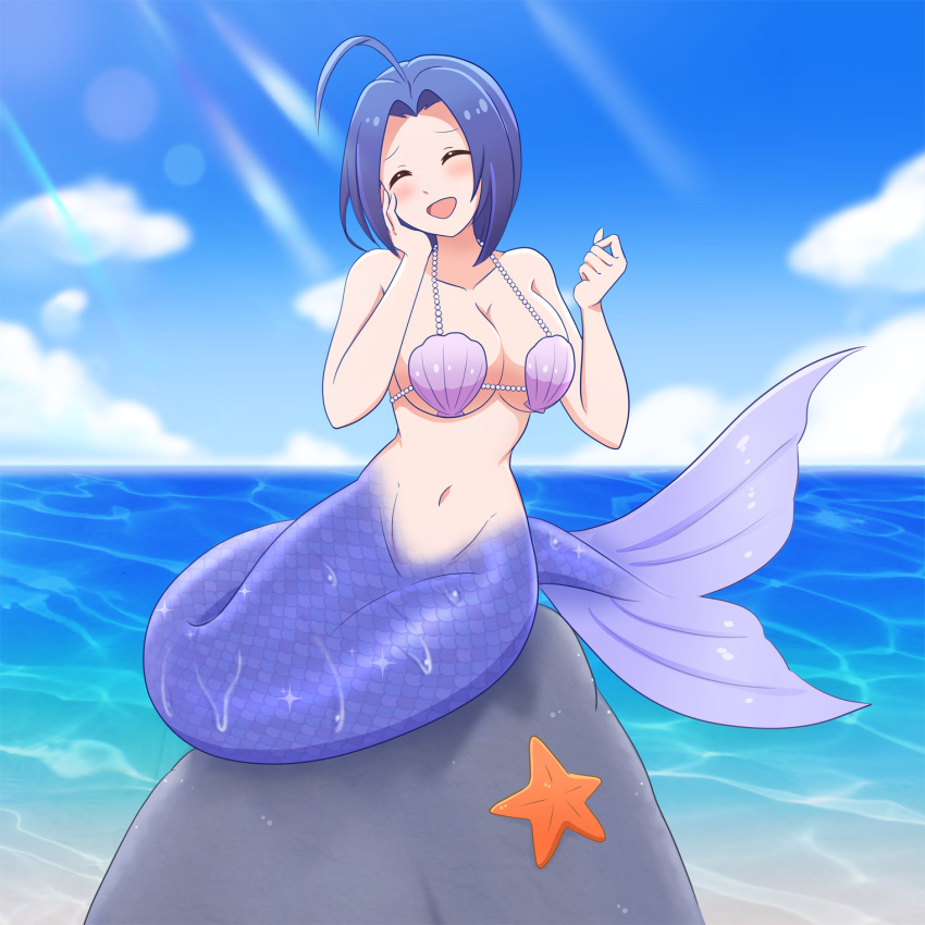 azusa_miura blue_tail female fish_tail kiria_ai mermaid mermaid_girl mermaid_position mermaid_tail mermaid_transformation monster_girl moon png sea seashell_bra seductive_eyes seductive_look seductive_pose seductive_smile tail the_idolm@ster