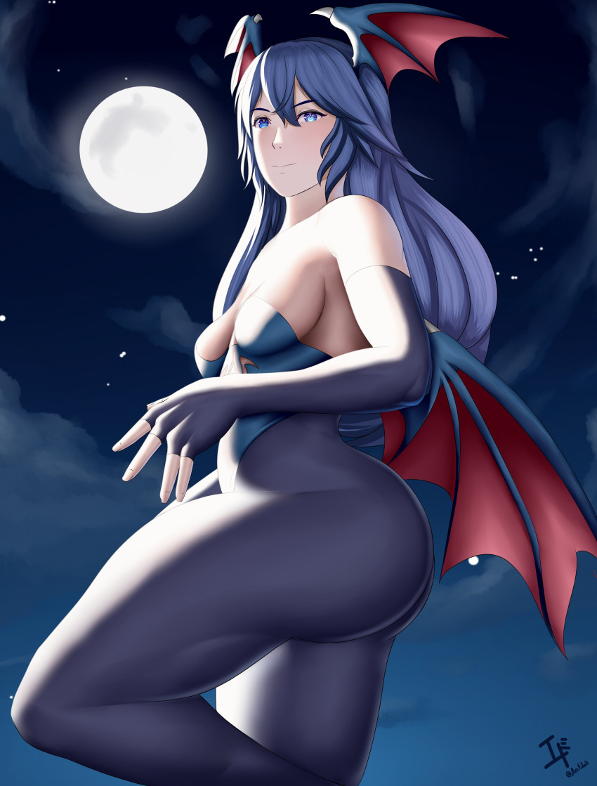 1girls alternate_costume arcedo ass back back_view bare_back bare_shoulders big_ass blue_eyes blue_hair breasts clothing cosplay darkstalkers dat_ass demon_girl detached_sleeves fire_emblem fire_emblem_awakening frown full_moon halloween halloween_costume huge_ass large_ass lilith_aensland_(cosplay) long_hair looking_back lucina_(fire_emblem) moon morrigan_aensland_(cosplay) night nintendo small_breasts solo succubus symbol-shaped_pupils thick_thighs