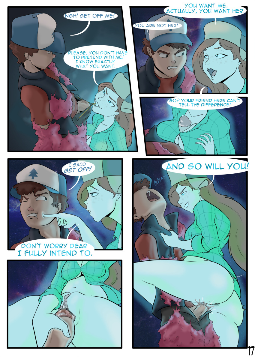 1boy 1girls boob_window boobjob comic dipper_pines english_text freckles glowing_eyes gravity_falls page_17 paizuri paizuri_rape penetration rape reverse_rape sealedhelm speech_bubble straight_hair undressing_another wendy_corduroy