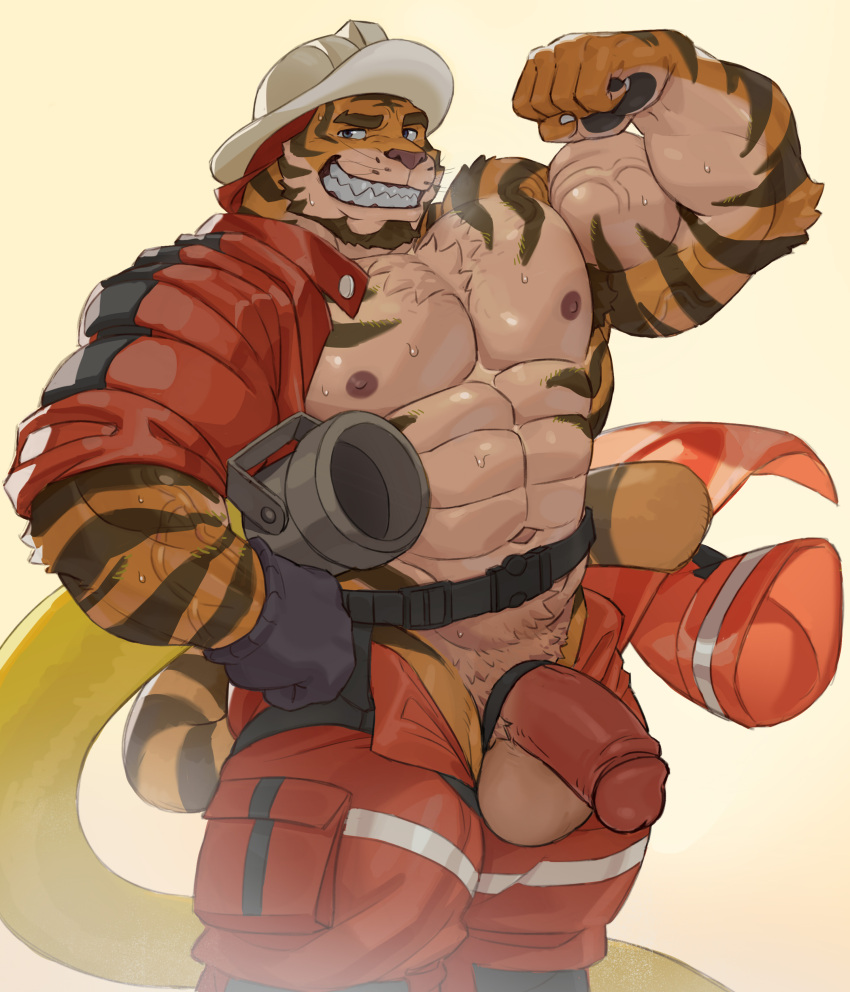 1boy 2022 abs absurd_res accessory anthro armor balls ballsack barazoku beard beefy beige_countershading belt biceps big_balls big_muscles big_penis black_stripes body_fur clothed clothing cock_ring eyebrows facial_hair felid felix_(imato) firefighter flexing foreskin foreskin_folds fur genitals gloves handwear hard_hat headgear helmet hi_res hose huge_balls huge_cock huge_muscles humanoid_genitalia humanoid_penis imato intact jewelry male male_nipples male_only male_pubic_hair mammal masculine muscles muscular_anthro muscular_male navel obliques open_clothing open_pants open_shirt open_topwear orange_fur pantherine pecs penis penis_accessory penis_jewelry retracted_foreskin scrotum semi-erect shirt simple_background smile smooth_fur solo standing sweat teeth testicles tiger topwear tuft uncut unzipped vein veiny_penis white_background