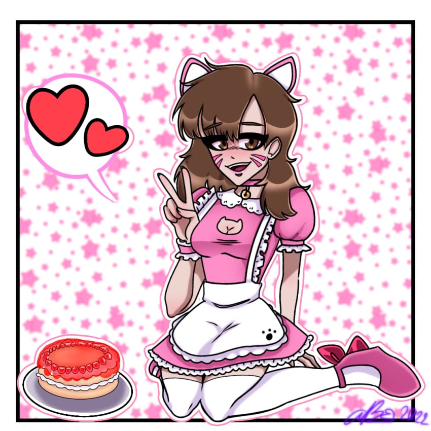 2d activision artist_signature blizzard_entertainment brown_eyes brown_hair cake cat_ears cat_girl catgirl cute_deth d.va looking_at_viewer maid_outfit open_mouth overwatch overwatch_2 pastry strawberry_shortcake_(food) thighhighs v video_game video_game_character video_games