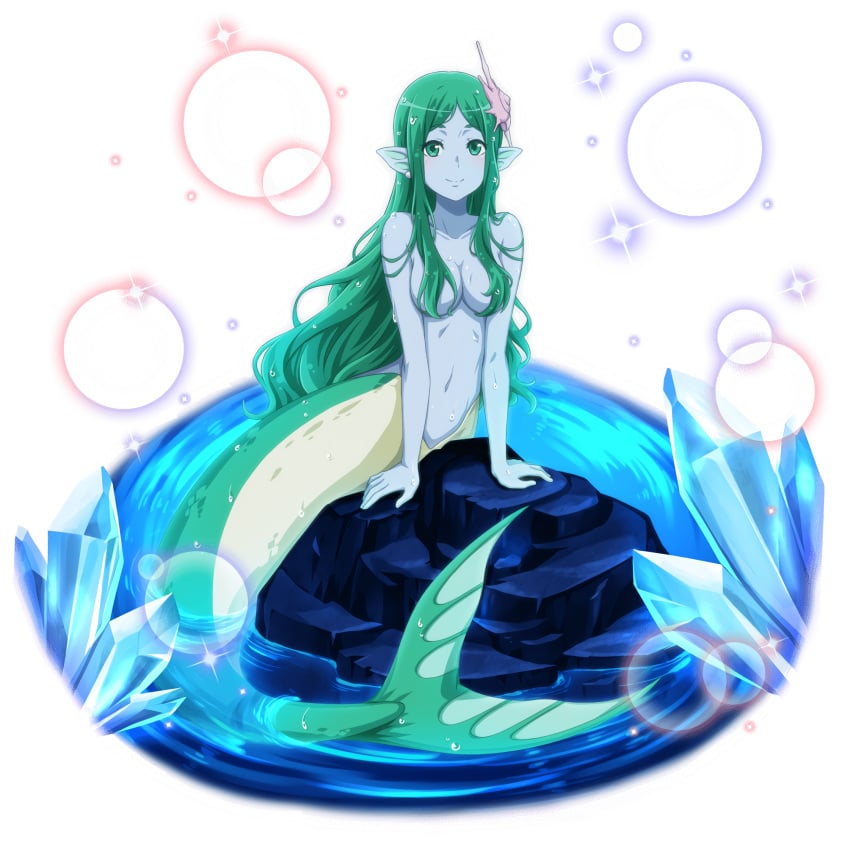 1girls alpha_channel aqua_eyes blue_skin breasts colored_skin dungeon_ni_deai_wo_motomeru_no_wa_machigatteiru_darou_ka female fish_tail full_body green_hair long_hair marie_(danmachi) mermaid monster_girl png pointy_ears simple_background solo tail water