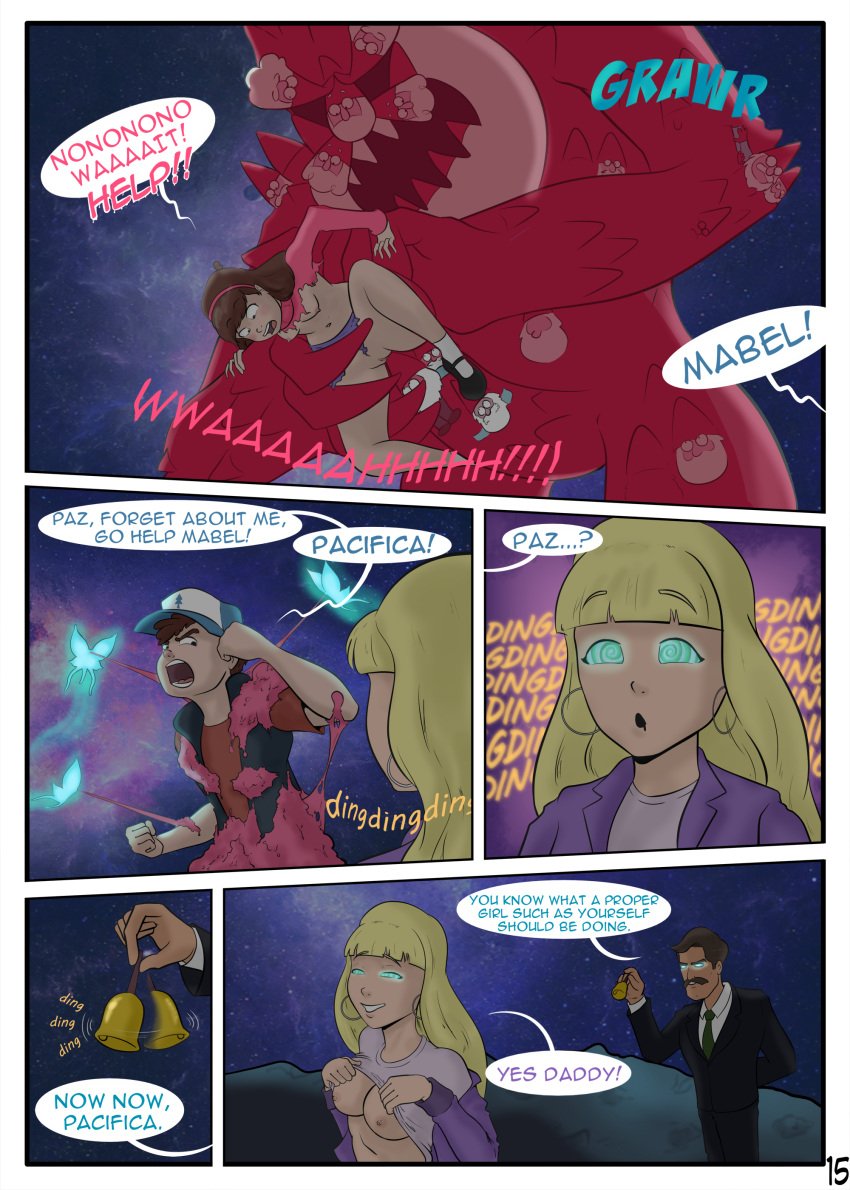 2boys 2girls baseball_cap blonde_hair breasts_out brown_hair comic dipper_pines english_text gnome gravity_falls hypnosis mabel_pines mind_control pacifica_northwest page_15 pine_tree_(symbol) preston_northwest ripped_clothing sealedhelm speech_bubble spiral_eyes straight_hair undressing