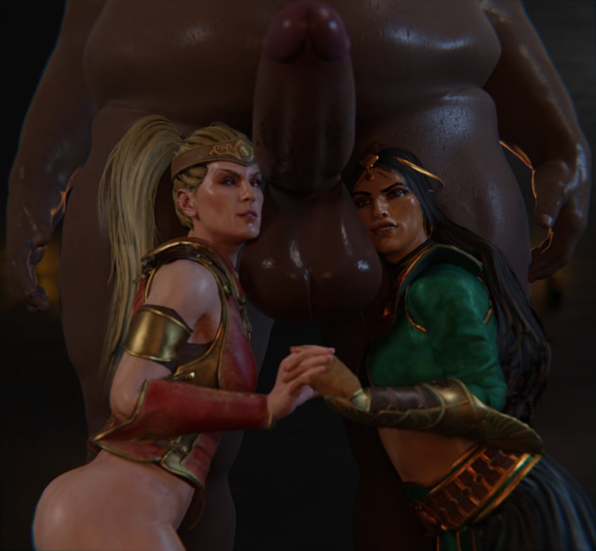 1boy 2girls 3d amazon_(diablo) balls_on_face big_balls big_belly big_penis blizzard_entertainment clothed_female_nude_male cock_worship cockbonding collaborative_fellatio dark-skinned_male dark_skin demon diablo diablo_2 dungeon fellatio female gildagriffon hetero holding_hands interracial light-skinned_female light_skin multiple_girls penis sorceress_(diablo) tagme tan-skinned_female tan_skin teamwork