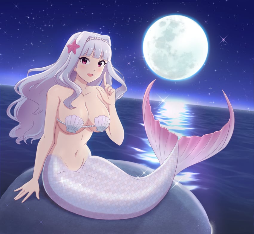 female fish_tail idolmaster kiria_ai mermaid mermaid_girl mermaid_position mermaid_tail mermaid_transformation monster_girl moon pink_tail png scales sea seashell_bra seductive_eyes seductive_look seductive_pose seductive_smile shijou_takane tail the_idolm@ster