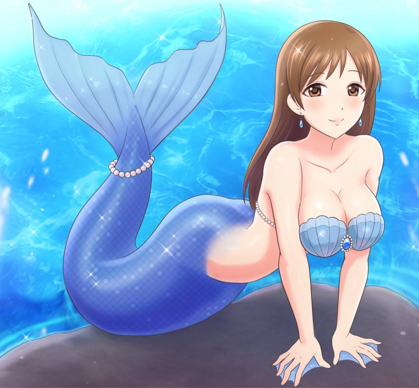 blue_tail fish_tail idolmaster kiria_ai mermaid mermaid_girl mermaid_position mermaid_tail mermaid_transformation monster_girl moon nitta_minami png sea seashell_bra seductive_eyes seductive_look seductive_pose seductive_smile smile