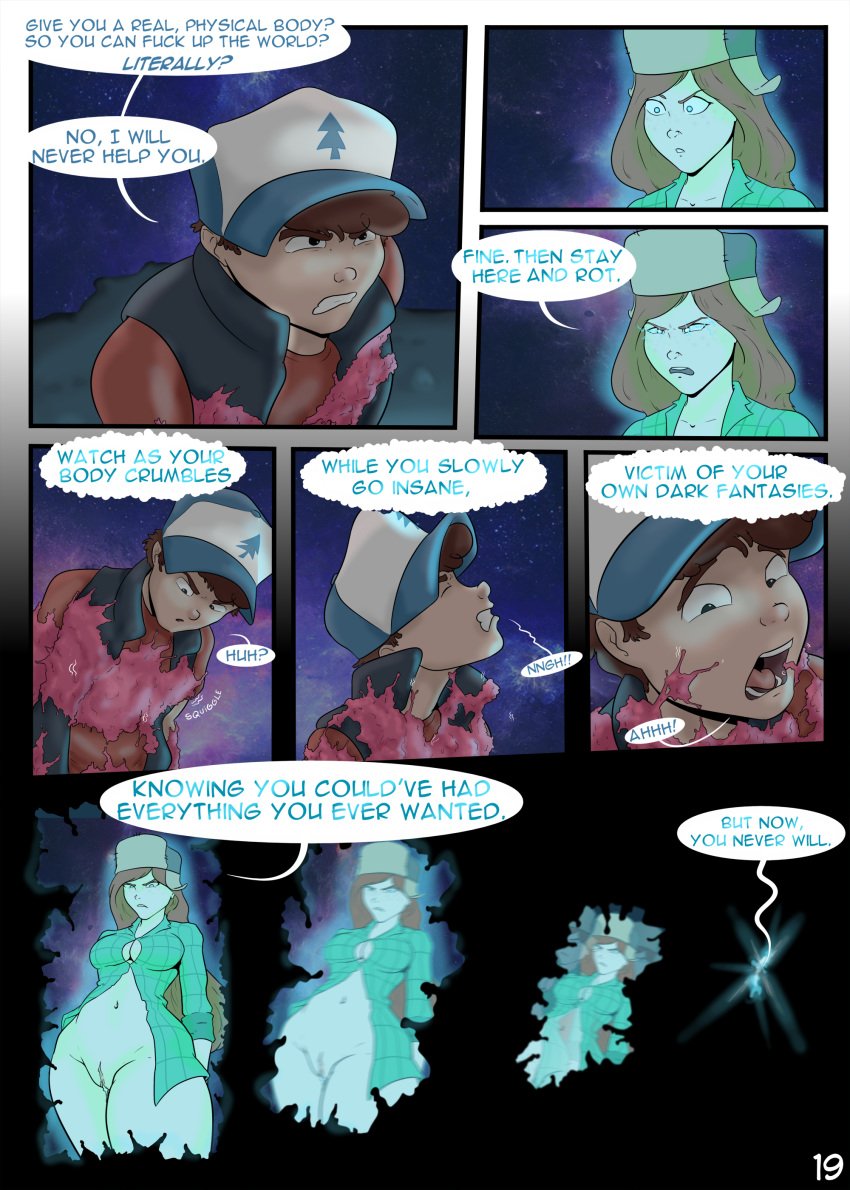 1boy 1girls angry_face boob_window brown_hair comic cum_in_pussy dipper_pines english_text freckles glowing_eyes gravity_falls half_naked page_19 rape sealedhelm speech_bubble straight_hair text wendy_corduroy