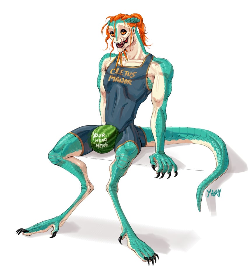 anthro clawed_fingers identity_v leotard luchino_diruse male male_only orange_eyes orange_hair ponytail scalie sharp_teeth snake_tongue toe_claws watermelon wrestling_outfit yashy