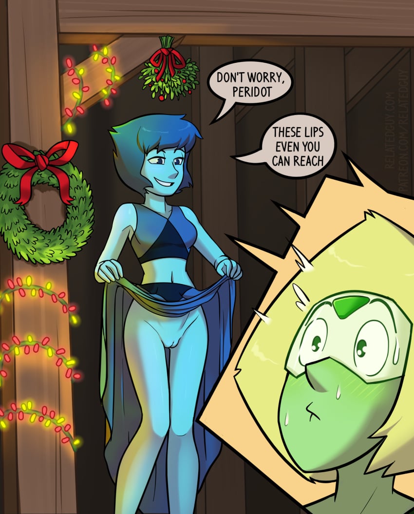 2girls blue_body blue_hair blue_skin blush cartoon_network christmas english_text exposed_pussy female female_only gem_(species) green_skin grin lapis_lazuli_(steven_universe) large_breasts mistletoe multiple_girls no_panties peridot_(steven_universe) pussy relatedguy short_hair skirt_lift speech_bubble steven_universe sweatdrop wreath yuri