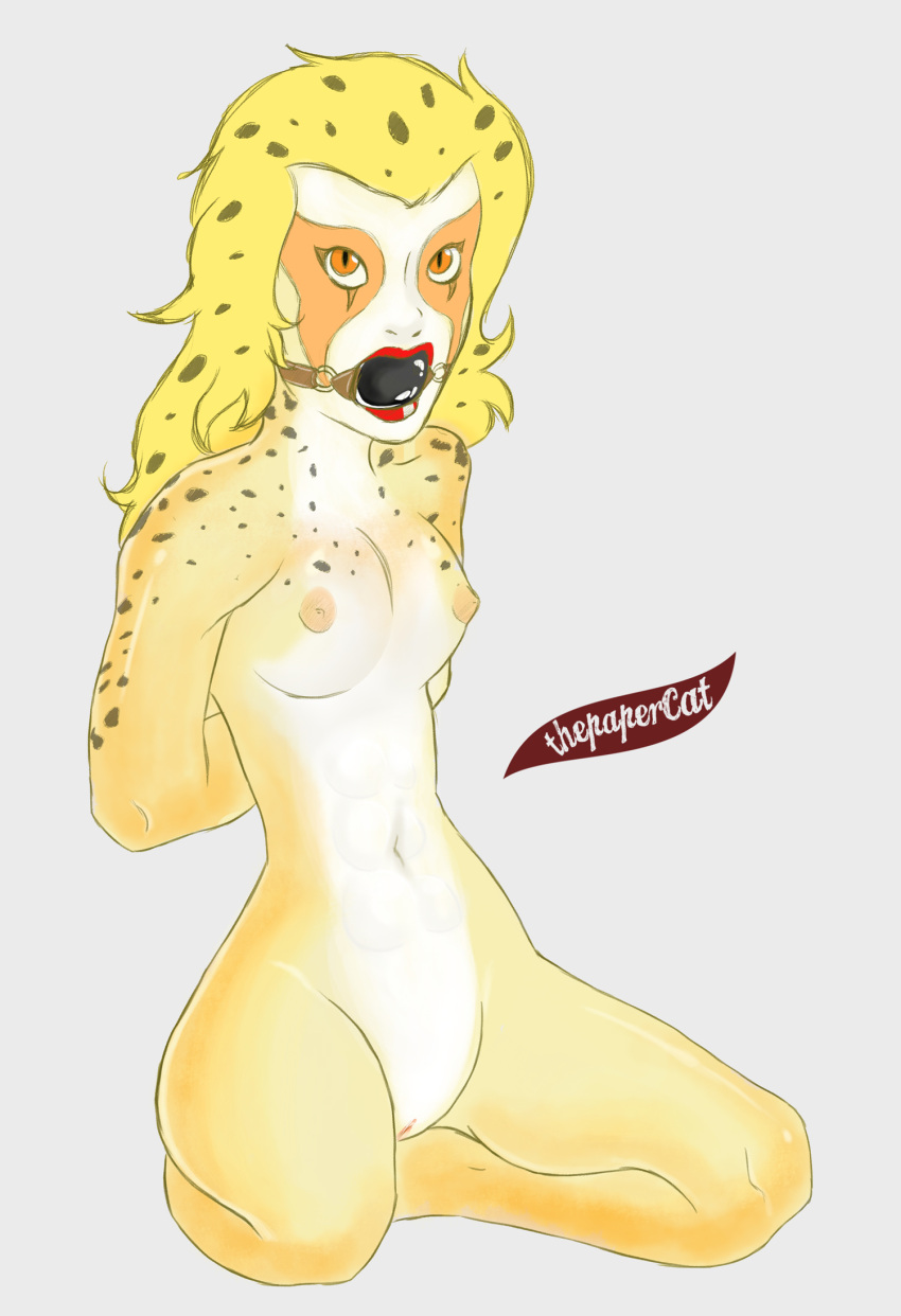 ball_gag blonde_hair cheetara female furry gag gagged kneeling orange_eyes pussy small_breasts solo thepapercat thundercats