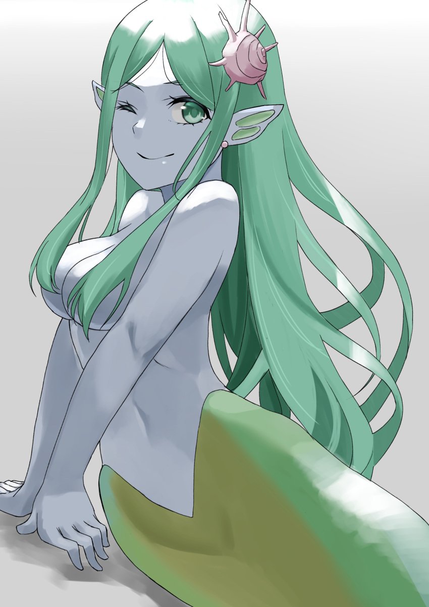 absurdres breasts colored_skin dungeon_ni_deai_wo_motomeru_no_wa_machigatteiru_darou_ka female green_eyes green_hair grey_skin highres long_hair looking_at_viewer marie_(danmachi) medium_breasts mermaid monster_girl mori_heichi navel one_eye_closed pointy_ears shell_hair_ornament simple_background solo very_long_hair