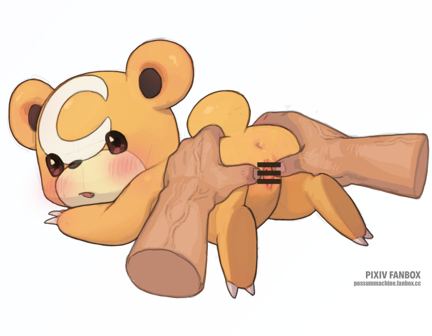 anthro brown_body censored disembodied_hand duo female female_teddiursa generation_2_pokemon genitals hi_res human male male/female mammal nintendo pokemon pokemon_(species) possummachine pussy simple_background spread_pussy spreading teddiursa video_games white_background