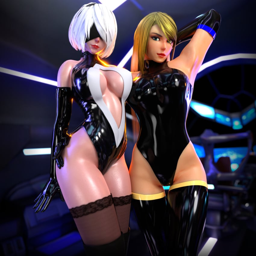 3d adeptusinfinitus big_breasts blender blindfold elbowgloves fit_female hips latex leotard metroid midriff nier:_automata samus_aran thighhighs thighs yorha_2b yuri