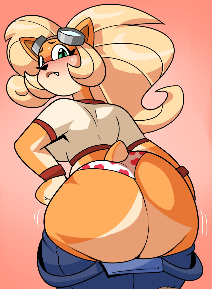 ass bubble_butt coco_bandicoot crash_(series) embarrassed overalls overalls_down panties pants pants_down pants_pull superspoe thong