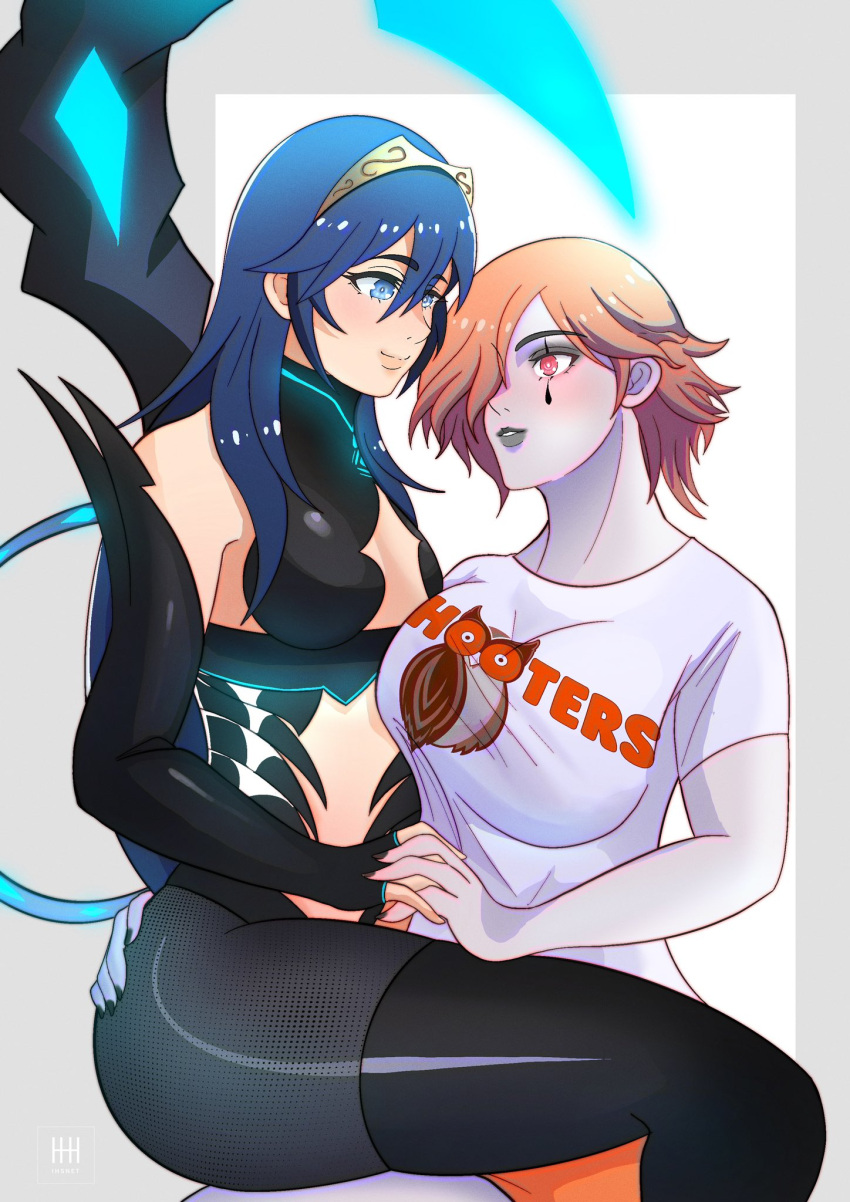 2girls big_breasts blue_eyes blue_hair fire_emblem fire_emblem:_three_houses fire_emblem_awakening hand_on_hip holding_hands hooters hooters_uniform ihsnet kronya_(fire_emblem) kronya_(fire_emblem)_(cosplay) lucina_(fire_emblem) nintendo orange_hair pale_skin red_eyes short_hair sitting_on_lap small_breasts thick_thighs thighs yuri