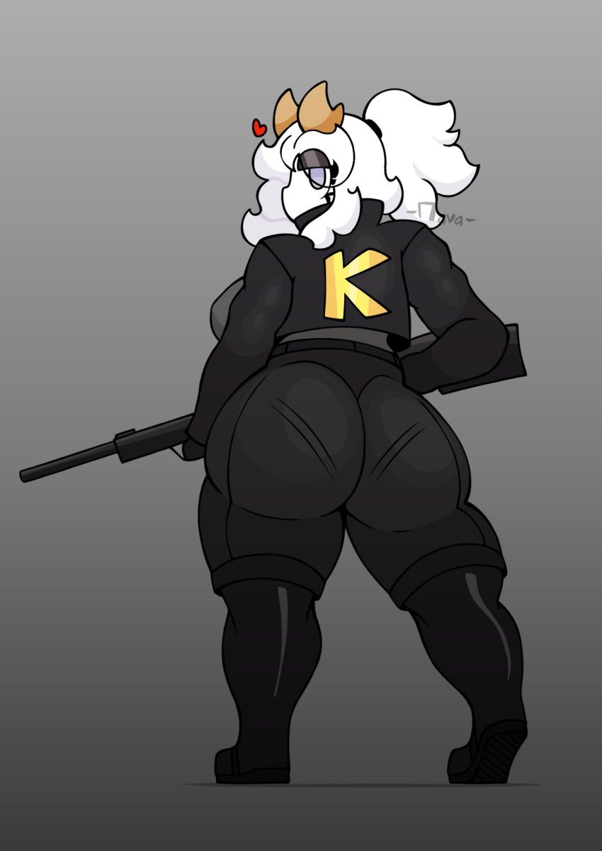 back_view big_ass big_breasts big_butt big_thighs demon demon_girl demon_horns demon_humanoid gothic horns kay_(srnava) military military_uniform oc sniper srnava thick_ass thick_hips thick_legs thick_thighs tight_clothing white_hair white_skin