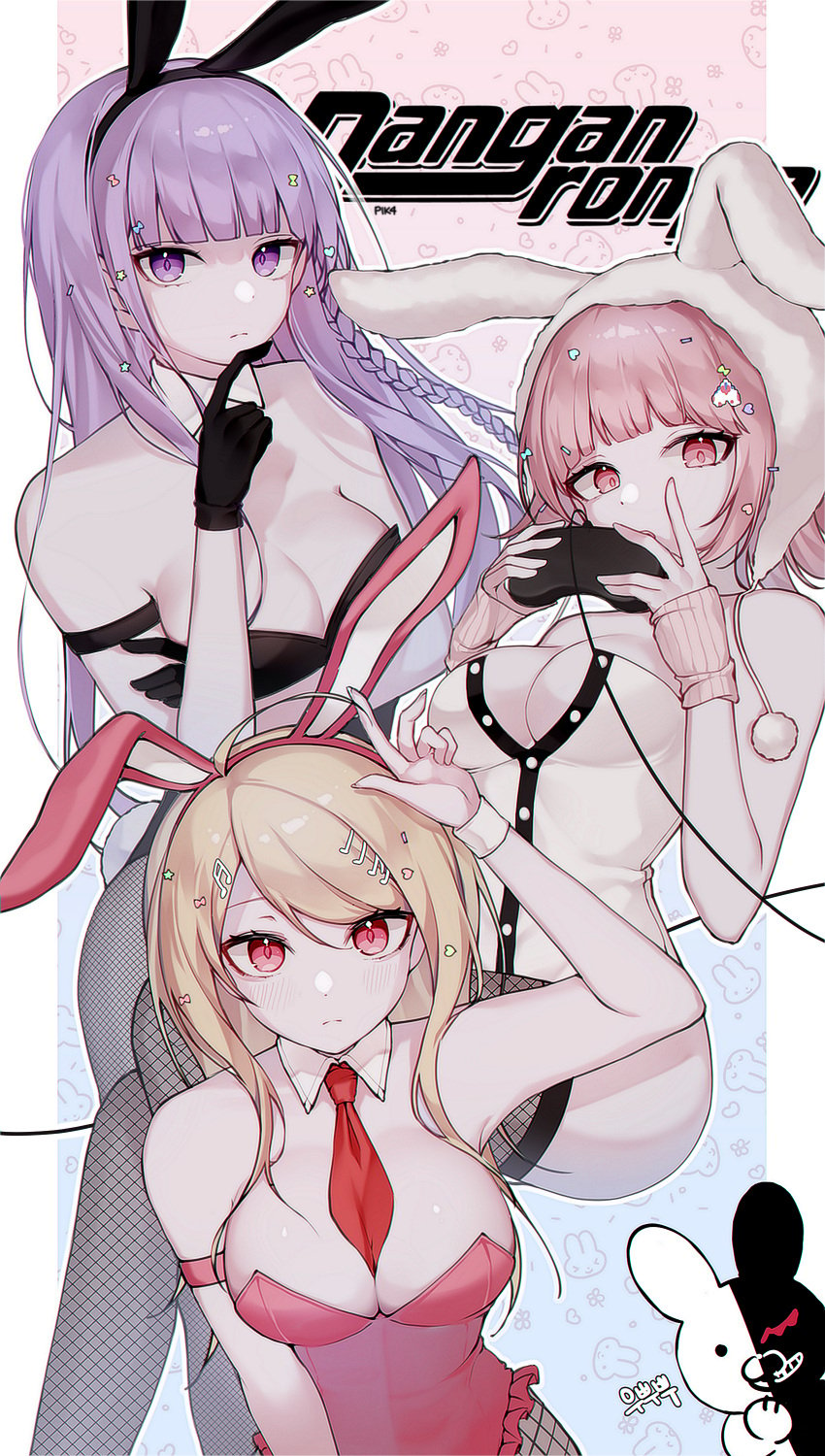 3girls akamatsu_kaede blonde_hair boobs breasts bunny_ears bunny_girl bunny_hat bunnysuit cleavage clothed cuffs danganronpa danganronpa:_trigger_happy_havoc danganronpa_1 danganronpa_2:_goodbye_despair danganronpa_v3 female female_only fishnets game_console gloves hair_ornament kirigiri_kyouko large_breasts looking_at_viewer multiple_girls nanami_chiaki pik4 pink_bunnysuit pink_eyes pink_hair purple_hair stockings straight_hair super_danganronpa_2 thighs tie tits