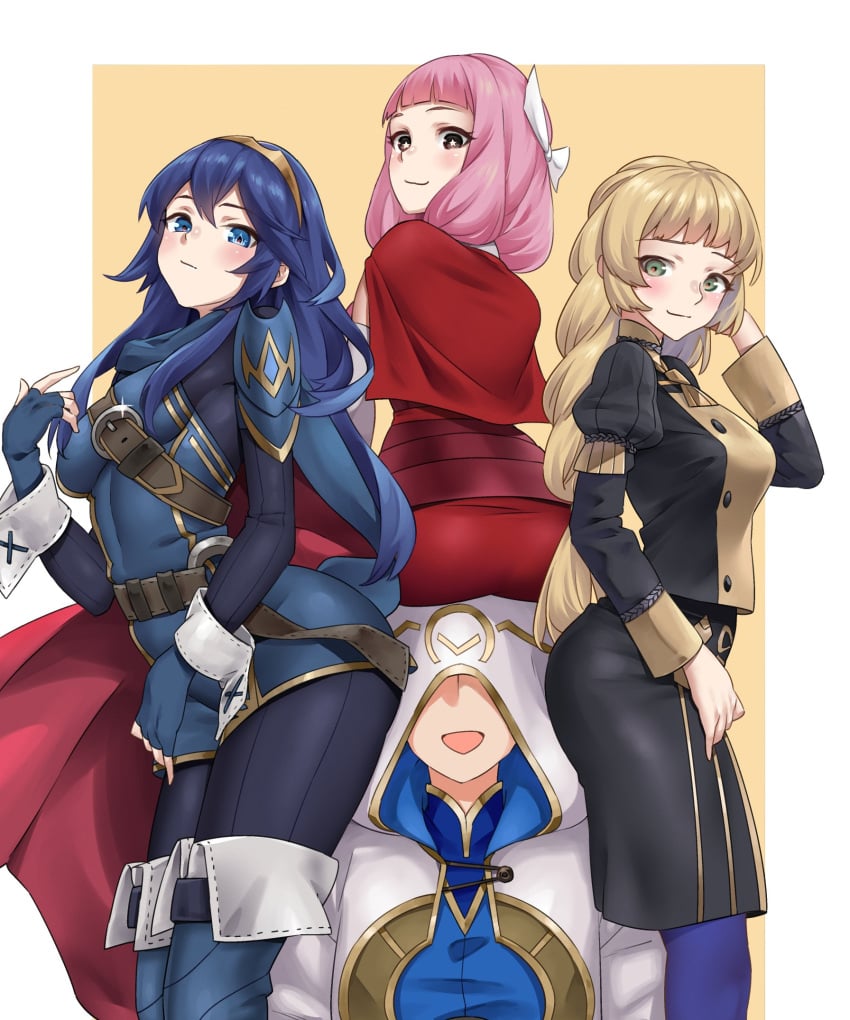 1boy 3girls ass bangs big_ass blonde_hair blue_eyes blue_hair blush braid breasts cape female fingerless_gloves fire_emblem fire_emblem:_three_houses fire_emblem_awakening fire_emblem_fates fire_emblem_heroes garreg_mach_monastery_uniform gloves green_eyes hair_between_eyes harem highres igni_tion ingrid_brandl_galatea japanese_clothes kiran_(fire_emblem) kiran_(fire_emblem)_(male) long_hair looking_at_viewer low_twintails lucina_(fire_emblem) medium_breasts mitama_(fire_emblem) multiple_girls nintendo pink_hair sitting sitting_on_head sitting_on_person small_breasts smile star-shaped_pupils star_(symbol) straight surrounded_by_ass symbol-shaped_pupils thighs tiara twintails