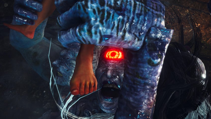 captured creature dark-skinned_female defeated feet female foot_fetish foot_focus grabbed grabbing_legs helpless imminent_rape koei_tecmo mitsume_yazura monster nioh_2 struggling team_ninja tongue_out