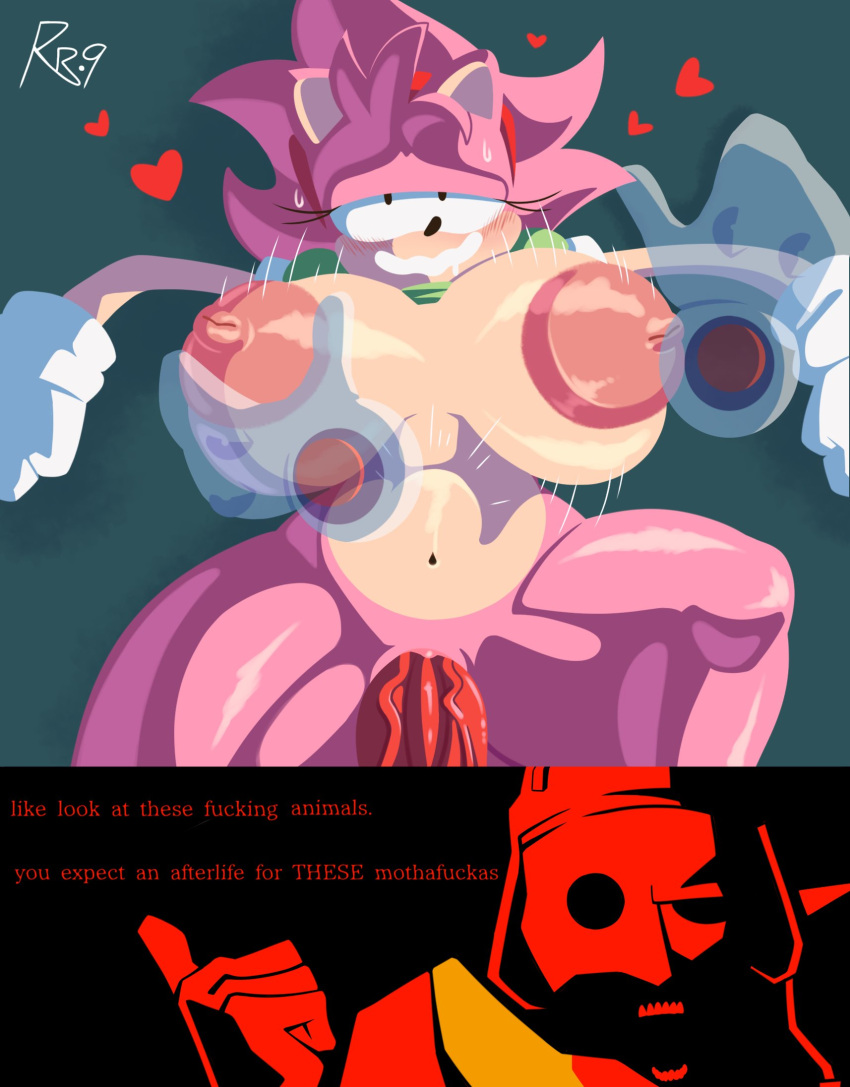 <3 accessory amy_rose anthro big_breasts blush bodily_fluids bottomless bouncing_breasts breast_grab breasts clothed clothing clothing_lift disembodied_hand echidna eulipotyphlan female from_front_position fur gloves group hair_accessory hairband half-closed_eyes hand_on_breast handwear heart hedgehog hi_res human knuckles_the_echidna lying male male/female mammal missionary_position monotreme narrowed_eyes navel nipples on_back open_mouth penetration pink_body red_body sega sex shirt shirt_lift smile snesti sonic_(series) sonic_the_hedgehog_(series) standing starved_eggman sweat topwear translucent translucent_body trio vaginal_penetration