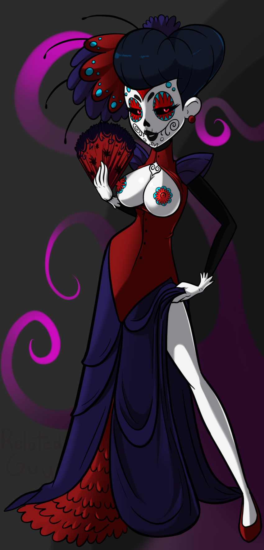 1girls black_hair black_sclera breastless_clothes breastless_clothing casual_nudity catrina_(legend_quest) dress erect_nipples fan female female_only gloves hand_fan large_breasts legend_quest red_eyes relatedguy shoes skeleton skeleton_girl solo solo_female sugar_skull white_skin