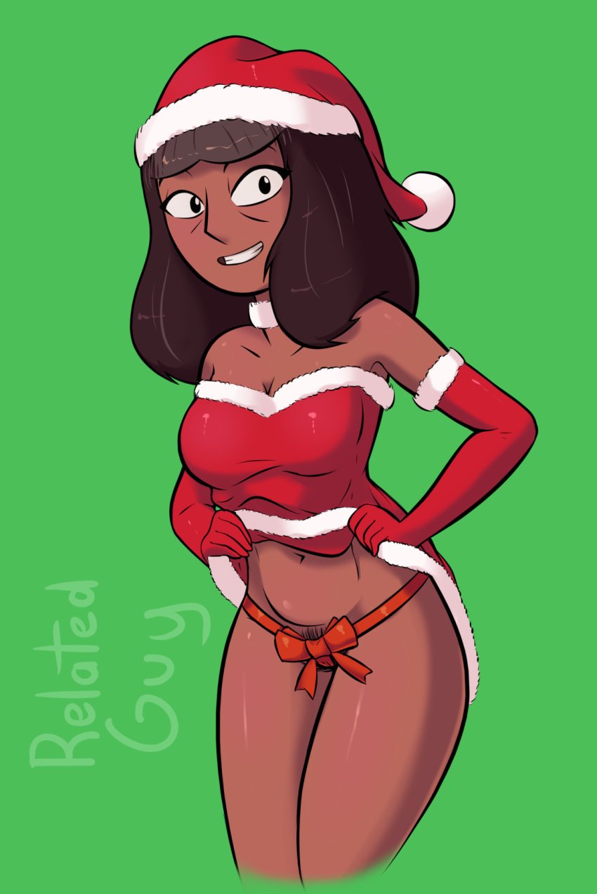 cartoon_network christmas dark-skinned_female dark_skin female gloves green_background grin long_hair milf priyanka_maheswaran pubic_hair relatedguy santa_hat solo steven_universe