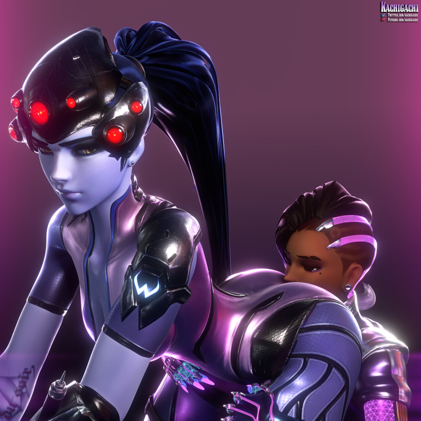 2girls 3d ass ass_grab ass_worship black_hair blender blizzard_entertainment bodysuit bubble_butt dark-skinned_female dark_skin face_in_ass fat_sexy_ass female female_only high_resolution kachigachi multiple_girls muscle muscular_female nude overwatch overwatch_2 sombra widowmaker yellow_eyes yuri