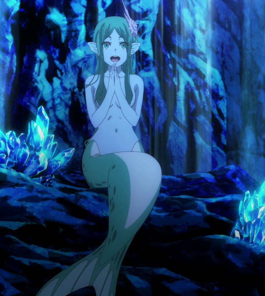 dungeon_ni_deai_wo_motomeru_no_wa_machigatteiru_darou_ka female godiva_hair green_eyes green_hair highres long_hair marie_(danmachi) mermaid monster_girl screencap screenshot solo stitched third-party_edit topless