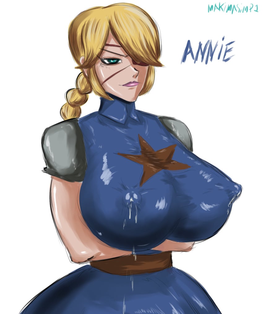 annie_(skullgirls) big_breasts big_nipples blonde_hair clothed color erect_nipples erection_under_clothes huge_breasts lactation lactation_through_clothes makimasimp1 massive_breasts skullgirls smile