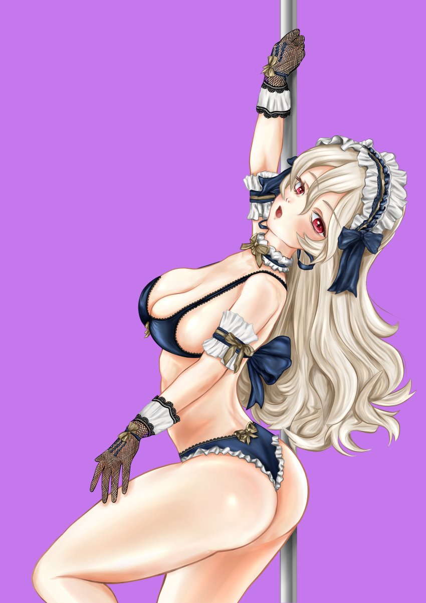 1girls ass big_ass blonde_hair blue_bra blue_panties bra breasts cat_of_ulthar cleavage corrin_(fire_emblem) corrin_(fire_emblem)_(female) dancer dancing detached_collar fire_emblem fire_emblem_fates gloves lace_gloves lingerie long_hair looking_at_viewer maid maid_headdress maid_lingerie medium_breasts nintendo panties pole pole_dancing red_eyes stripper_pole underwear