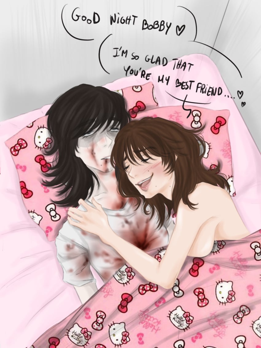 1boy 1girls bed bed_sheet bedroom bedroom_setting best_friends bff big_breasts black_eyes black_hair blood blood_in_mouth blood_on_face blood_stain brown_eyes brown_hair dead dead_body dead_eyes dead_girl gore grey_background grey_skin guro heart hello_kitty hello_kitty_(character) hello_kitty_(series) in_love kawaii kitty_white kurt_kunkle kurtsworld96 murder murdered murderer naked naked_female sanrio sleeping sleepy spree stabbed stabbed_in_heart stabbed_in_torso stabbing talking talking_to_another talking_to_partner white_shirt white_skin xx.misson.xx