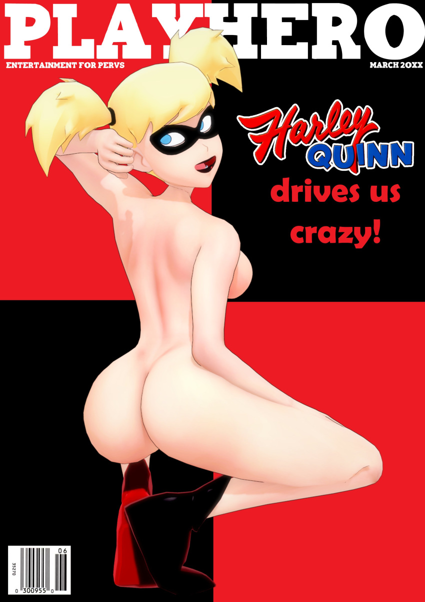 1girls 3d ass batman:_the_animated_series batman_(series) blonde_hair breasts dc dc_comics dcau eyemask female female_only harley_quinn harley_quinn_(classic) harley_quinn_(dcau) looking_back magazine_cover misunderstoodsecrets naked nude pinup rear_view sideboob solo twintails