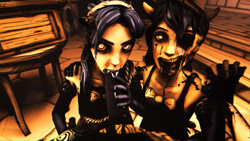 2girls 3d absurd_res allison_angel allison_pendle angel angel_humanoid audrey_drew bendy_and_the_dark_revival bendy_and_the_ink_machine demon demon_humanoid female futa_on_female futanari goo_creature group herm hi_res human humanoid hybrid ink intersex intersex/female mammal not_furry saygoodbye-sfm self_upload susie_campbell trio twisted_alice video_games