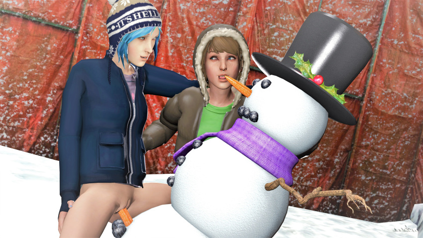 2girls 3d beanie beanie_hat blue_eyes blue_hair bottomless brown_hair carrot carrot_nose carrot_penis chloe_price eye_contact female female_only headwear hood hood_up hooded_jacket inanimate_object jacket licking licking_nose life_is_strange max_caulfield medium_hair mktrreekky nose_lick outdoors outside penetration short_hair snow snow_man snowman source_filmmaker tongue tongue_out vaginal_penetration winter winter_clothes