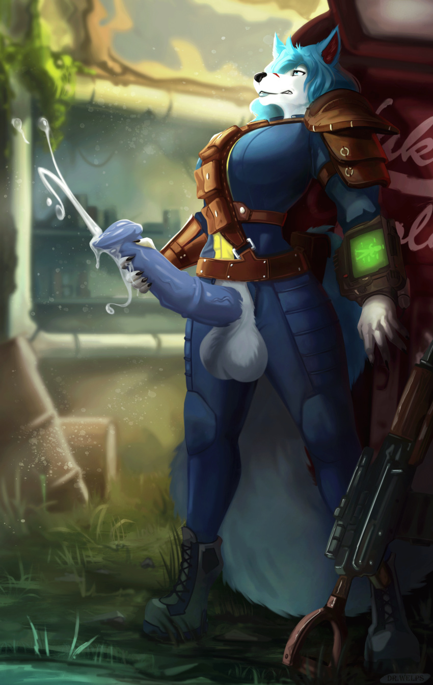 1futa absurd_res ahe_gao animal_genitalia animal_penis anthro armor balls bethesda_softworks beverage big_balls big_breasts blue_eyes blue_hair bodily_fluids boots breasts canid canine canis clothing cola computer cum dr._welps electronics equine_penis fallout firearm footwear fur futanari genital_fluids genitals gun hair herm hi_res intersex looking_pleasured mammal masturbation penis pip-boy ranged_weapon rifle soda solo suit vault_suit video_games weapon white_body white_fur wolf wristwear