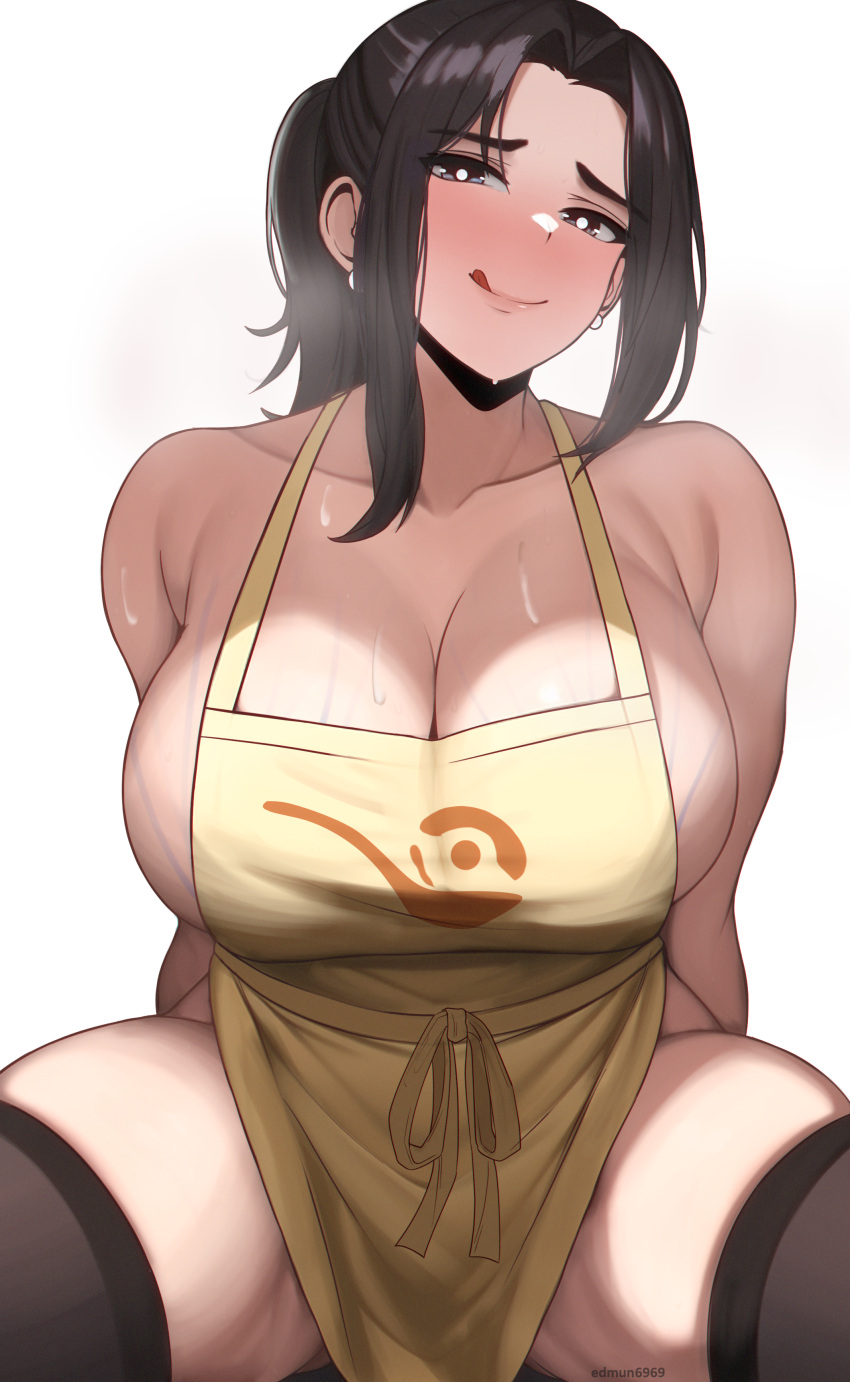 1girls apron apron_only breasts brown_eyes brown_hair cleavage edmun female game_freak hi_res hips huge_breasts light-skinned_female light_skin looking_at_viewer mature_female medium_hair milf mother mother_(pokemon_sv) naked_apron naughty_face nintendo pokemon pokemon_sv ponytail skindentation suggestive_look thick_thighs thighhighs thighs wide_hips