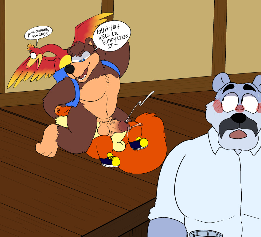 absurd_res anthro avian backpack bag balls banjo-kazooie banjo_(banjo-kazooie) blue_eyes bodily_fluids clothing conker conker's_bad_fur_day crossover cum cumshot digital_media_(artwork) duo ejaculation english_text facesitting footwear footwear_only fur gay genital_fluids genitals hi_res kazooie male male/male male_only mammal mostly_nude penis rareware rodent sciurid shoes shoes_only simple_background smile sstinkies text ursid video_games yaoi