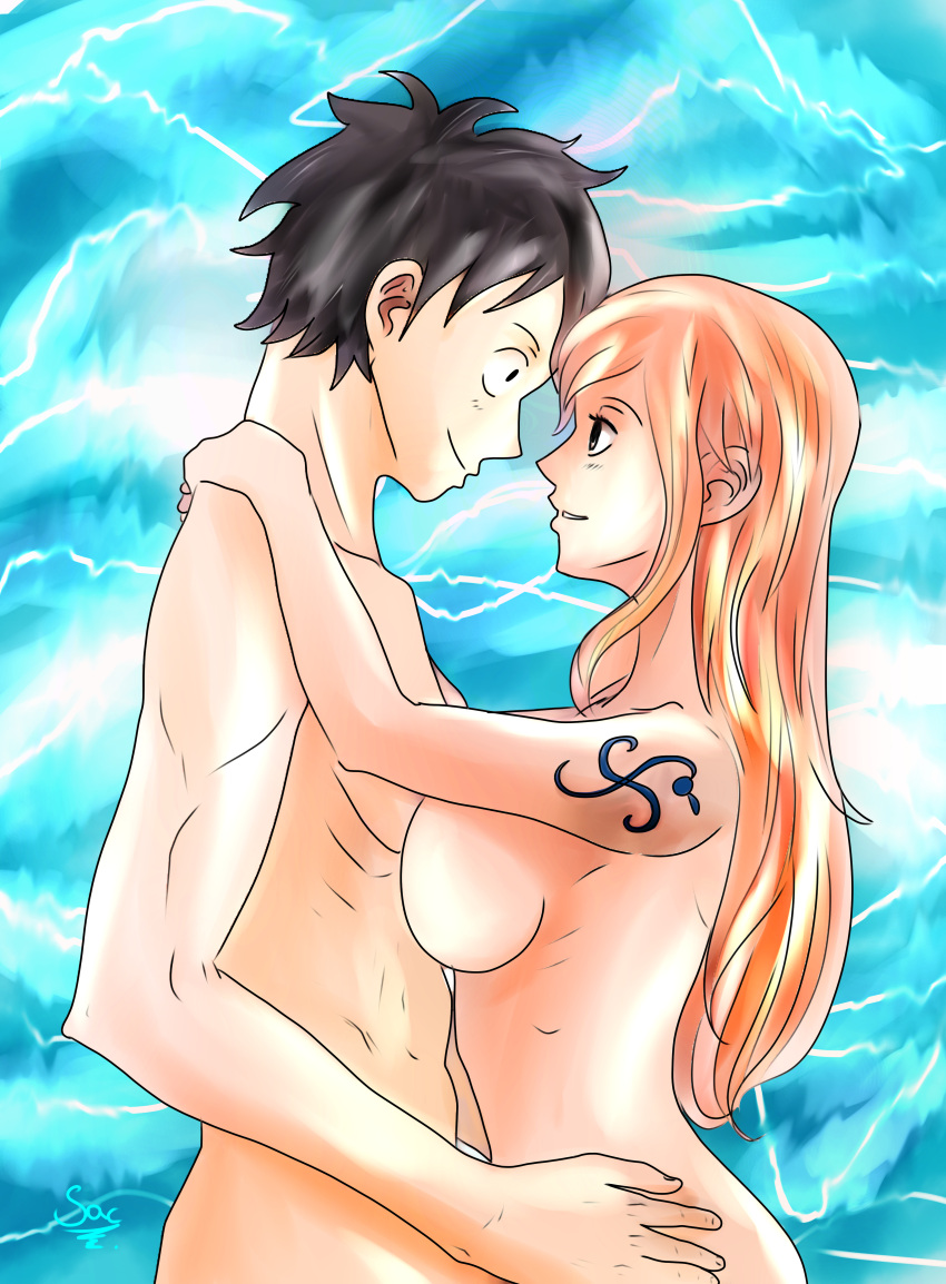 1boy 1boy1girl 1girls abstract_background arms_around_neck black_hair breast_press breast_squish breasts completely_nude couple curvy curvy_female embrace female hug long_hair looking_at_each_other looking_at_partner male monkey_d_luffy muscular muscular_male nami nude one_piece orange_hair post-timeskip ribs romantic saceureka short_hair shoulder_tattoo tattoo wholesome