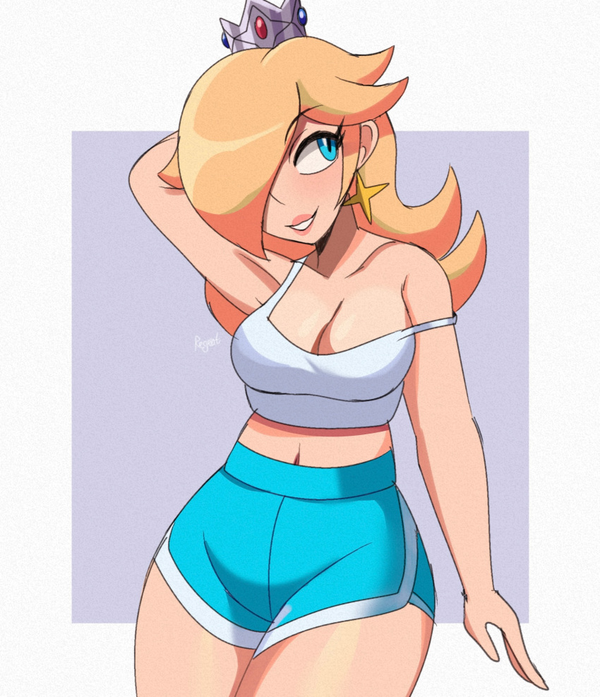 1girls 2022 artist_name big_breasts blonde_hair blue_eyes breasts crown earrings female female_only hair_over_one_eye long_hair mario_(series) nintendo princess_rosalina regentb01 shorts simple_background smile solo star_earrings