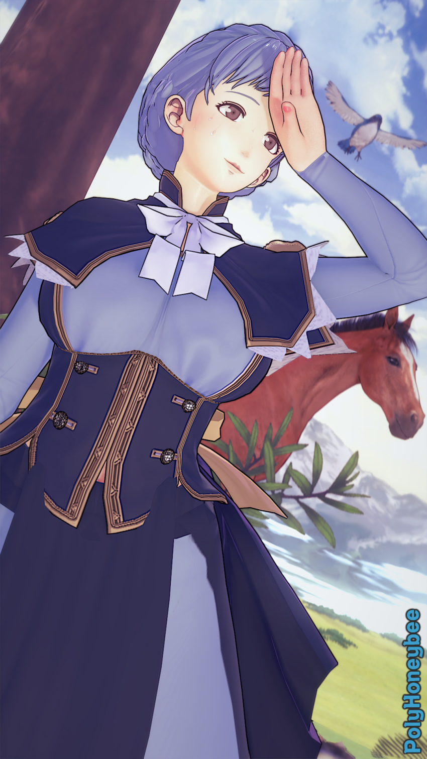 1girls 3d blue_hair breasts brown_eyes dorte_the_horse female female_only fire_emblem fire_emblem:_three_houses large_breasts lavender_hair light-skinned_female light_blue_hair marianne_von_edmund nintendo outdoors pale-skinned_female poly_(artist) short_hair smile solo solo_female