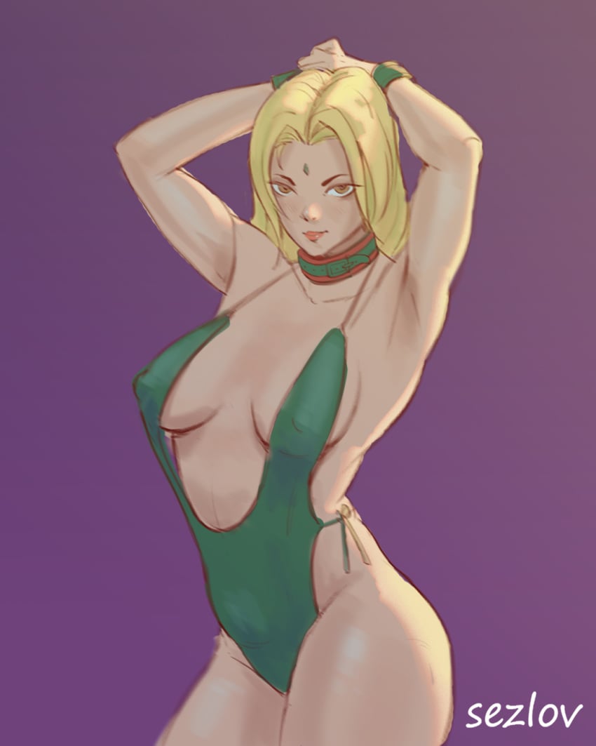 1girls armpits arms_behind_back arms_up artist_name bare_legs bare_shoulders big_breasts blonde_female blonde_hair breasts center_opening collar female female_only hi_res large_breasts lipstick long_hair looking_at_viewer makeup mature mature_female naruto naruto_(series) naruto_shippuden one-piece_swimsuit pinup plain_background purple_background revealing_clothes sagging_breasts sezlov simple_background solo solo_focus swimsuit thick_thighs tsunade wristband yellow_eyes