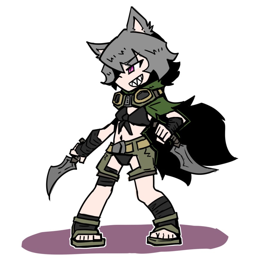 black_bra black_panties cape dagger goggles goggles_around_neck grin grinning holding_dagger holding_object holding_weapon juztplay leaf_cloak one_eye_covered purple_eyes rogue_the_wolf_girl_(juztplay) sandals sfw simple_coloring toothy_grin white_background wolf wolf_ears wolf_girl wolf_humanoid