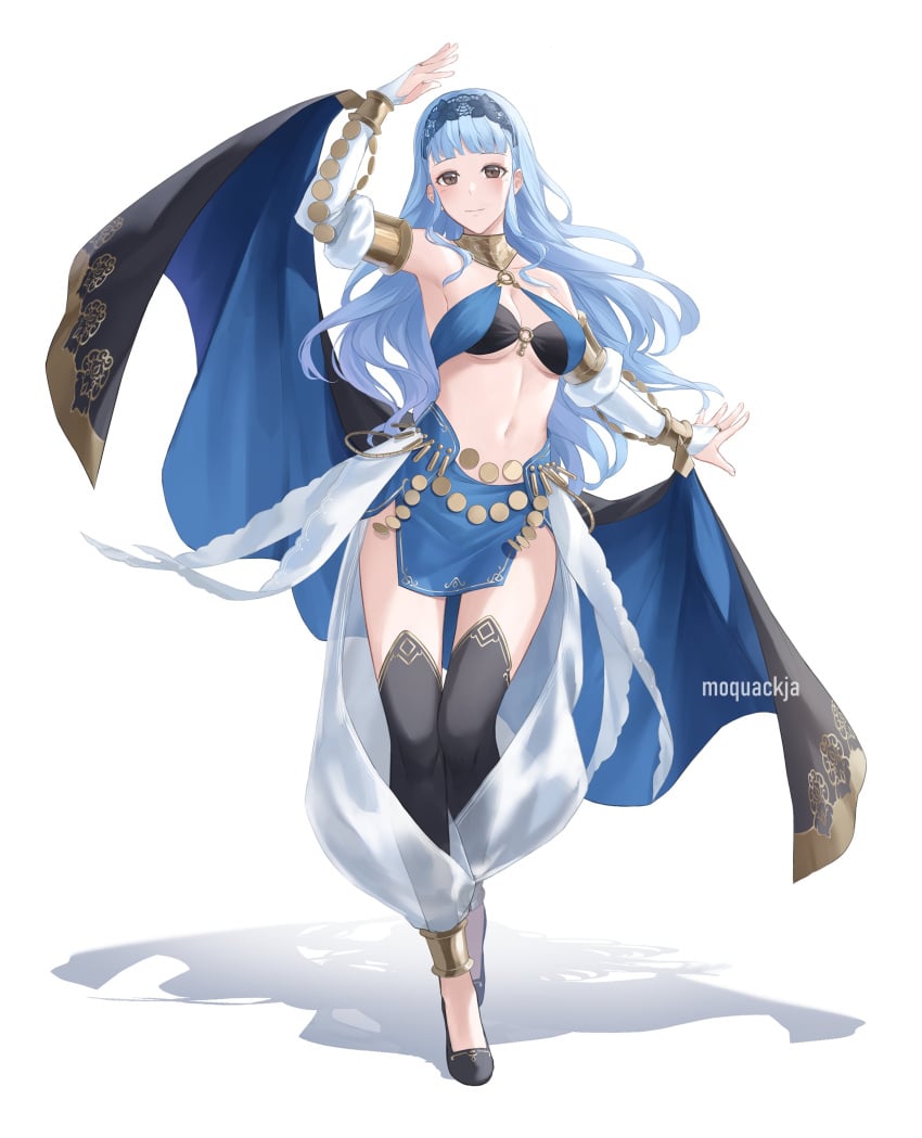 1girls absurdres alternate_costume bangs bare_shoulders black_thighhighs blue_hair blue_hairband blue_skirt blunt_bangs breasts cleavage commentary commission cosplay detached_sleeves female female_only fire_emblem fire_emblem:_three_houses fire_emblem_awakening fire_emblem_warriors:_three_hopes full_body grey_eyes hairband highres large_breasts long_hair long_sleeves looking_at_viewer marianne_von_edmund midriff moja_(rainpoow) navel official_alternate_hairstyle olivia_(fire_emblem) olivia_(fire_emblem)_(cosplay) simple_background skirt solo standing stomach thighhighs thighs very_long_hair white_background