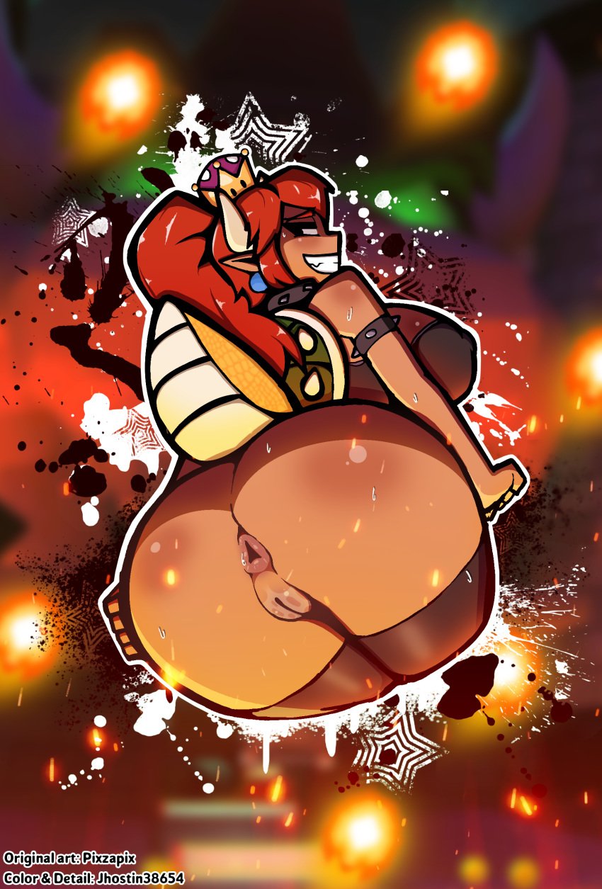 anus ass big_ass big_butt bowsette brown_body clothed colored colored_sketch dragon fire horns jhostin38654 mario_(series) monster_girl new_super_mario_bros._u_deluxe pixzapix pointy_ears red_bowsette red_hair scales smile tail teeth_showing vagina video_games wet wet_pussy