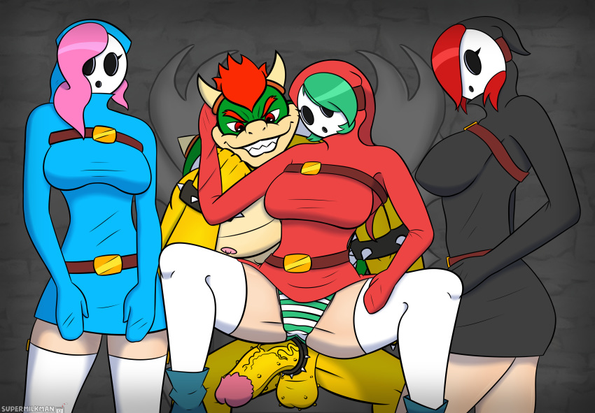 1boy 3girls alternate_version_available anthro balls before_sex big_penis bowser breasts clothed clothed_female clothing cock_ring fanart female foursome green_hair hair_over_one_eye hoodie horns interspecies light-skinned_female light_skin male mario_(series) mask masked masked_female nintendo no_sex nude_male panties penis pink_hair red_hair self_upload shy_gal shy_gal_black shy_gal_blue shy_gal_red sitting sitting_on_lap sitting_on_person skirt smile stockings straight supermilkman underwear yellow-skinned_male