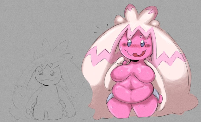 anthro belly_inflation big_belly big_breasts blush expanded_dongus huge_belly pokémon_(species) pokemon pokemon_(species) pokemon_sv shortstack sketch sweating thick_legs tinkaton