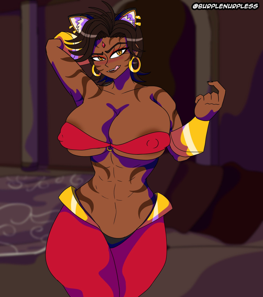 1girls abs amber_eyes beckoning bedroom_eyes black_hair burplenurpless crossover dark-skinned_female faunus female female_only licking_lips nipples_visible_through_clothing outfit_swap rwby seductive_smile shantae shantae_(cosplay) sienna_khan smooth_skin solo tiger_ears tiger_stripes