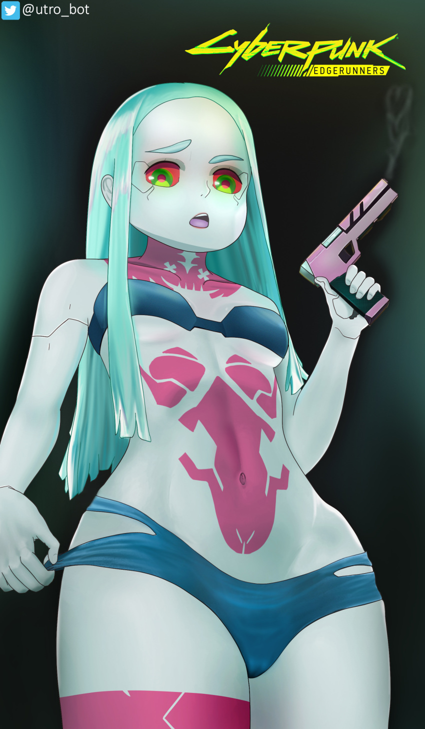 clothing cyberpunk:_edgerunners female firearm handgun human open_mouth pale_skin panties rebecca_(edgerunners) tattoo utrobot weapon