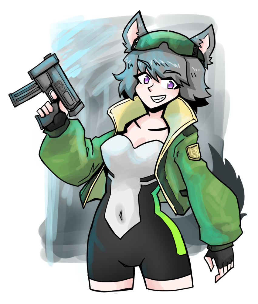 badge black_fingerless_gloves emblem fingerless_gloves goggles_on_forehead goggles_on_head grin grinning gun hi_res high_quality holding_object holding_weapon jacket juztplay modern_setting purple_eyes rogue_the_wolf_girl_(juztplay) safety_goggles sfw white_background wolf wolf_ears wolf_girl wolf_humanoid wolf_tail